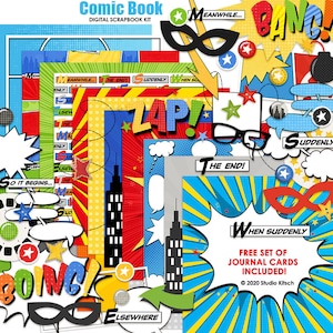 Kit de scrapbooking digital em quadrinhos, somente para uso pessoal, papéis digitais em quadrinhos, gráficos de quadrinhos, kit digital, super-herói, balões de palavras, máscaras