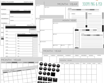 May include: A set of printable planner templates in black and white with gray accents. The templates include weekly, daily, and monthly planners. The text "Editable Planner Templates" is at the top of the image. The text "Both 8.5x11 and Half Size Included!" is below the title. The text "300ppi PNG & PSD" is in the upper right corner of the image. The text "Studio Kitsch" is in the upper right corner of the image.