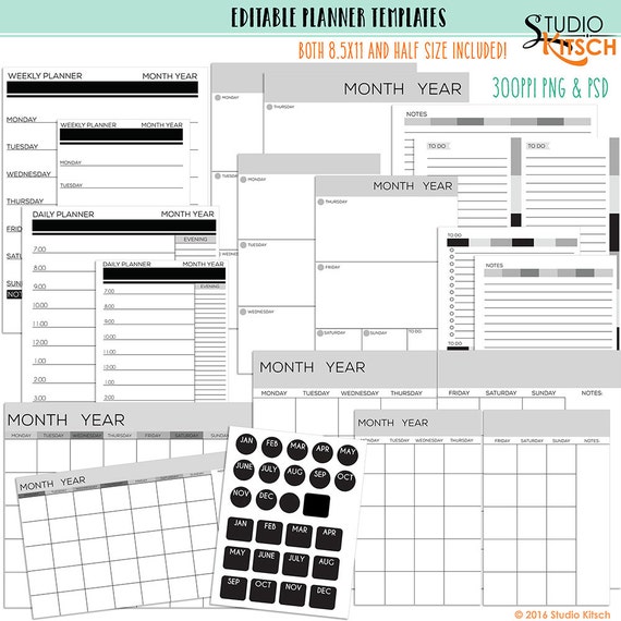 editable planner pages templates printable 8 5x11 half size instant download calendar agenda weekly daily monthly digital planner planner pages templates