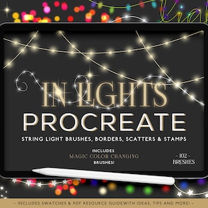 May include: A digital illustration of a tablet screen displaying a set of 102 Procreate string light brushes, borders, scatters, and stamps. The text "IN LIGHTS PROCREATE" is displayed on the screen. The image includes a variety of string light designs, including a string of lights with a magic colour changing effect.