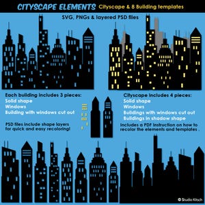 Puede incluir: Silueta de ciudad en blanco y negro con 8 plantillas de edificios. Cada edificio incluye 3 piezas: una forma sólida, ventanas y un edificio con ventanas recortadas. Los archivos PSD incluyen capas de formas para una fácil y rápida recoloración. La ciudad incluye 4 piezas: una forma sólida, ventanas, edificios con ventanas recortadas y edificios en forma de sombra. Incluye una instrucción en PDF sobre cómo volver a colorear los elementos y las plantillas.