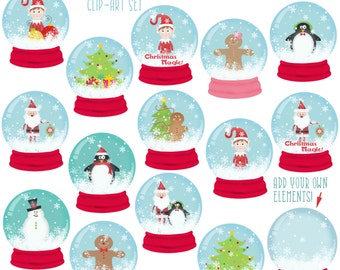 Snow Globes Christmas Clip-Art, graphismes de Noël, clip-art de Noël, Papeterie imprimable TÉLÉCHARGEMENT INSTANTANÉ, Père Noël, elfe, arbre à usage commercial