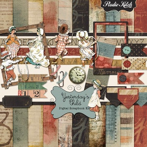 Könnte beinhalten: Ein digitales Scrapbooking-Set mit Vintage-Ästhetik, das Kinder beim Hüpfspiel, eine Uhr und verschiedene gemusterte Papiere, Bänder und Knöpfe zeigt. Das Set trägt den Titel "Yesterday's Child".