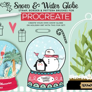 May include: A set of 117 digital brushes for Procreate, designed to create snow globes and other holiday art. The brushes include stamps, borders, and patterns. The image shows three examples of snow globes: one with a mermaid and palm tree, one with a penguin and snowman, and one with a terrarium.