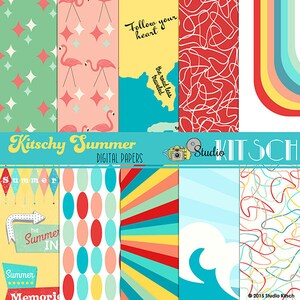 Kitschige Sommer Digitale Hintergründe | 1950er Jahre | Retro | Digitale Papiere | Flamingo | Brandung | Wellen | Landkarte | Bumerang | vintage Schilder | WE