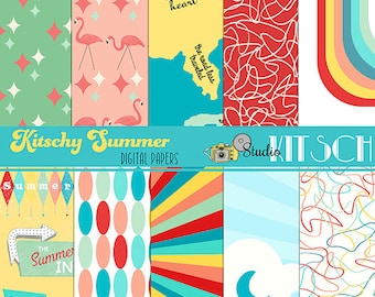 Kitschy Summer Digital Backgrounds | 1950's | Retro | Digital papers | Flamingo | Surf | Waves | Map | boomerang | vintage signs | CU