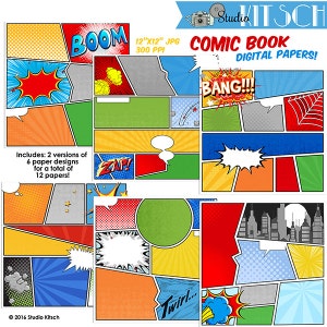 Papéis digitais de quadrinhos, scrapbooking, scrapbooking digital, download instantâneo, quadrinhos de super-heróis infantis 12x12 pu
