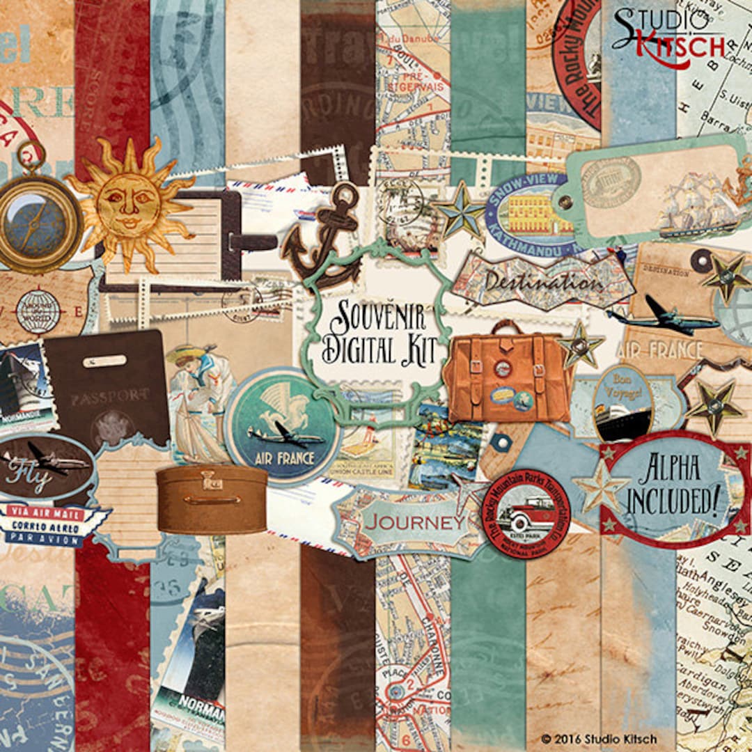 Souvenir Travel Digital Scrapbooking Kit, Vintage Summer, Holiday