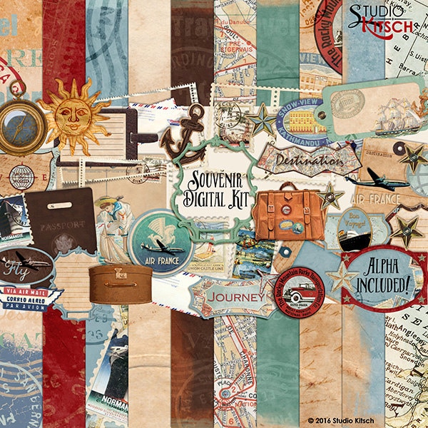 Souvenir Reizen Digitale Scrapbooking Kit, Vintage Zomer, Vakantie, Vakantie, digitale papieren, oude kaarten, Persoonlijk gebruik