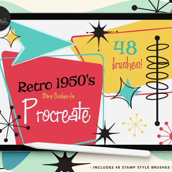 Procreate Retro 1950s Stamp Brushes | Mid-Century| iPad | Kitschy shapes | Scrapbooking | CU | Lettering | Digital Planning | Hand Lettering