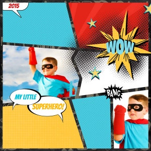 Op de afbeelding: Een scrapbookpagina in comic-stijl met twee foto's van kinderen verkleed als superhelden. De pagina heeft een blauw, geel en rood kleurenschema met een zwart-wit stippenpatroon. De tekst "MY LITTLE SUPERHERO!" en "WOW" is opgenomen in de afbeelding.