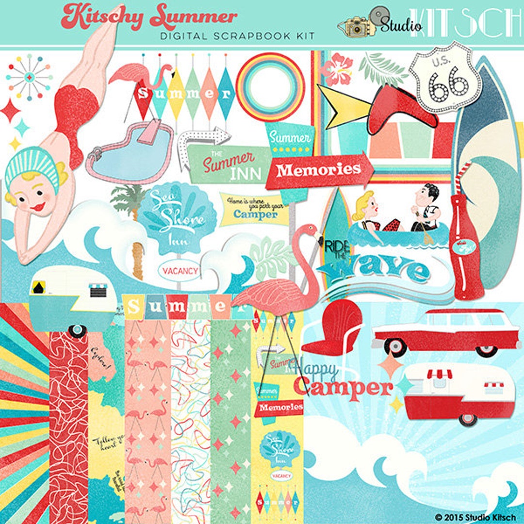 1950s Kitschy Summer Digital Scrapbooking Kit Retro Flamingos Camping