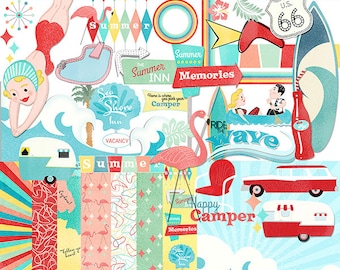 1950s Kitschy Summer digital scrapbooking kit | retro | flamingos | Camping | Swimmer | Surfing | Retro Signs | Travel | Vacation