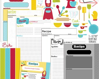 Printable Recipe Page Kit, Baking Clip-Art, Kitchen, Cooking Clip Art, Baking, Mixer, Apron, Recipe Templates, CU, INSTANT DOWNLOAD, Food,