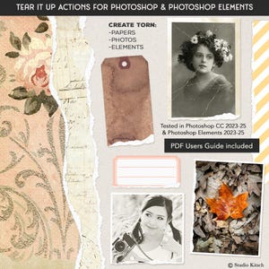 Azioni "Strappa" per Photoshop e Photoshop Elements. Crea documenti, foto ed elementi strappati. Include un set di stili per texture e livelli ombra.