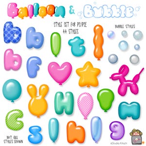 May include: A set of 44 balloon and bubble styles for Photoshop or Photoshop Elements. The styles include letters, numbers, hearts, stars, and a balloon animal. The styles are in various colors, including blue, green, pink, orange, and yellow.