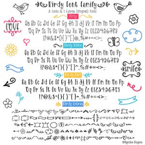 May include: A digital font family called "Birdy" with three fonts and extras. The image displays the alphabet, numbers, and symbols in three different styles: Birdy, Birdy Inline, and Birdy Girl. Decorative elements like birds and arrows are also shown.