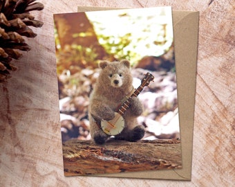 Funny Musical Bear Greeting Card, Blank Card, Whimsical Woodland Animals