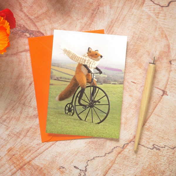 Fox on Penny Farthing Greeting Card with Orange Envelope, Woodland Animal Tiny Print, Quirky Card