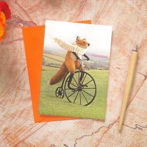 Fox on Penny Farthing Greeting Card with Orange Envelope, Woodland Animal Tiny Print, Quirky Card