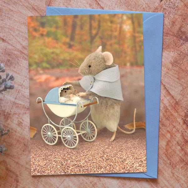 Mum and Baby Blank Card with Blue Envelope, Woodland Animal Novelty Print, Childrens Card