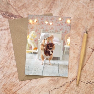 Cute Baby Mouse with Teddy Bear Card, Blank Greetings Card with Recycled Envelope, Baby Shower Card