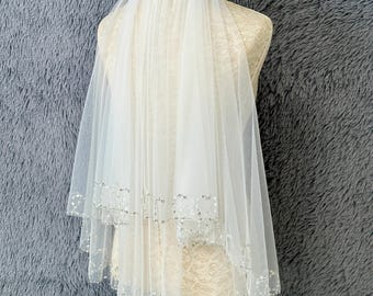 Velo con lentejuelas, velo de novia de cristal, velo de novia color marfil, velo con borde de cristal, velo de novia de cristal, velos para boda, velo de doble capa