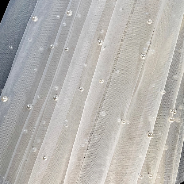 Scattered Pearl Veil on Soft Bridal Tulle, Pearl Veil