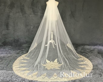 Gold Lace applique veil,2 tiers Cathedral veil,Cathedral blusher veil,Long veil,wedding bridal veil,tulle veil