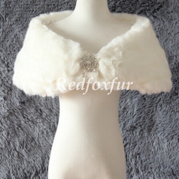 Fashion High quality Fake fur shawl Ivory Bolero Bride Fake fur stole Bridesmaid Thicken Short shawl Brooch Shrug Cloak Winter Wrap Warm