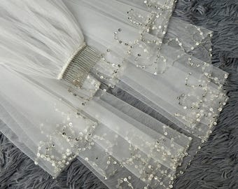 Velo con borde de cuentas, velo con cuentas de cristal, velo de novia con cuentas, velo con lentejuelas, velo de novia con ribete de cristal, velo con peine, velo de novia con cristales