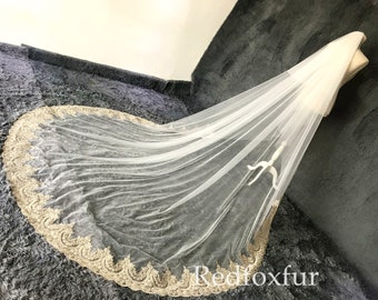 Gold Lace veil,Wedding veil,Cathedral veil,Bridal Veil,Wedding gift,Ivory veil,2 tiers Veil,Long veil,Royal Veil,veil comb,Floral veil