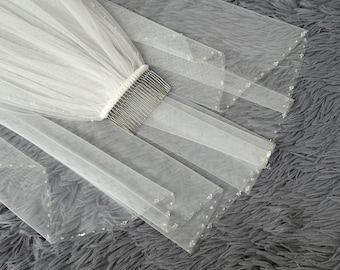 Velo de novia de cristal, velo de novia color marfil, velo de novia con cuentas, velo de punta de dedo, velo con peineta, velo de novia con pedrería, velo con ribete de cuentas, velo