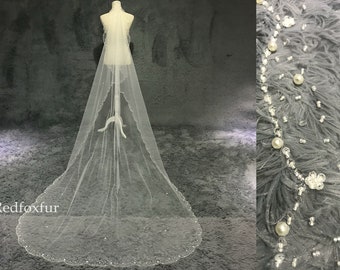 Beaded veil,Wedding veil,Pearl veil,Bridal Veil,1 tiers Veil,Wedding Gift,Long Veil,Cathedral veil,Ivory Veil,Tulle veil,Crystal veil