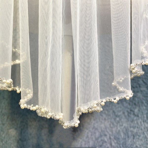 Beaded Wedding Veil, Beaded Ivory Bridal Veil, Pearl Wedding Veil