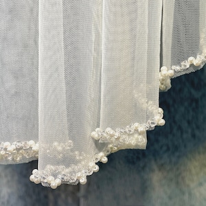 Pearl Bridal Veil, Beaded Wedding Veil, 1 Layer Veil, Ivory Veil, Crystal Wedding Veil,chapel veil