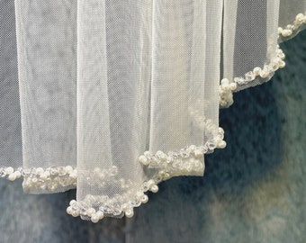 Pearl Bridal Veil, Beaded Wedding Veil, 1 Layer Veil, Ivory Veil, Crystal Wedding Veil,chapel veil