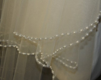 2T bridal veil, hand-string pearl veil, elbow veil, white ivory veil, pearl + comb bridal veil, wedding headpiece