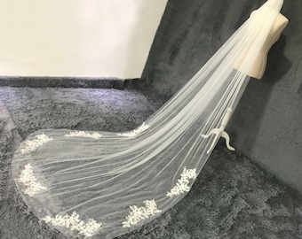Pearl Lace Veil,Beaded Veil,Bridal veil,Bead Veil,Wedding Veil,Lace Veil,Flowers Applique Veil,Cathedral Long Veil,1Tier,White Ivory Veil