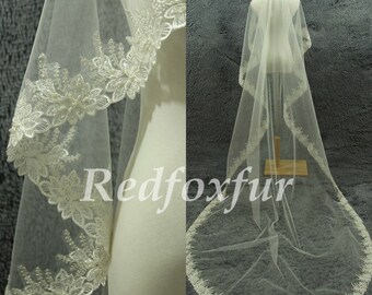 Bride Cathedral Veil Ivory Length veil Alencon lace veil Hand-beaded  Flowers edge veil Wedding dress veil Wedding Accessories