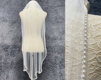 Veil Wedding,Veil Pearls,Fingertip/Church/Cathedral,Veil Beaded,Veil Comb,Veil 1 layer,Bridal Veil,Veil Tulle,White/Black/Ivory Veil