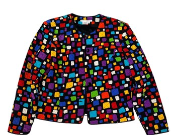 Maggy London Blazer jacket Button Front Y2K Teachercore Artsy Multi Color SilkShirt sz 18