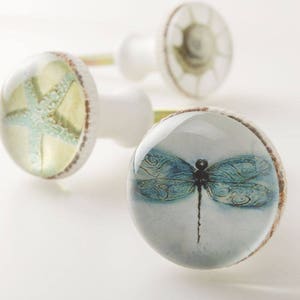 May include: Three white ceramic hooks with decorative glass knobs. The knobs feature a starfish, a dragonfly, and a seashell design.