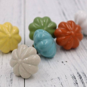 Könnte beinhalten: Sechs Keramik-Schrankknöpfe in verschiedenen Farben, darunter Gelb, Grün, Blau, Orange, Weiß und Beige. Jeder Knopf hat ein blumenartiges Design mit einer erhabenen Mitte.