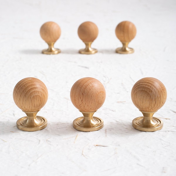 Nordic Japanese Solid Wood Ball Brass Small Knob Wardrobe Door Drawer Furniture Single Hole Round Knob