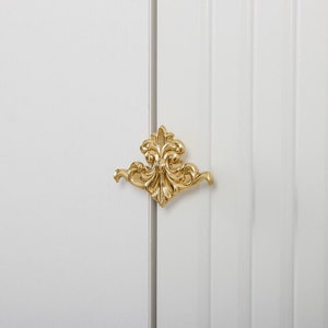 May include: A gold-toned decorative cabinet door pull with a floral design.