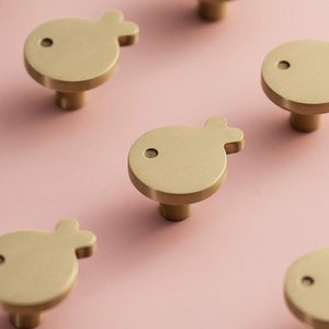 May include: A selection of brass-coloured cabinet knobs in a fish shape, each with a small, round indentation. The knobs are arranged on a light pink surface. The knobs have a simple, modern design, suitable for drawers or cabinets.