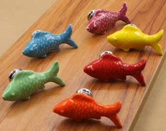Perilla de cajón con forma de pez para habitación de niños, perilla colorida para niños, perillas de cerámica, herrajes para muebles