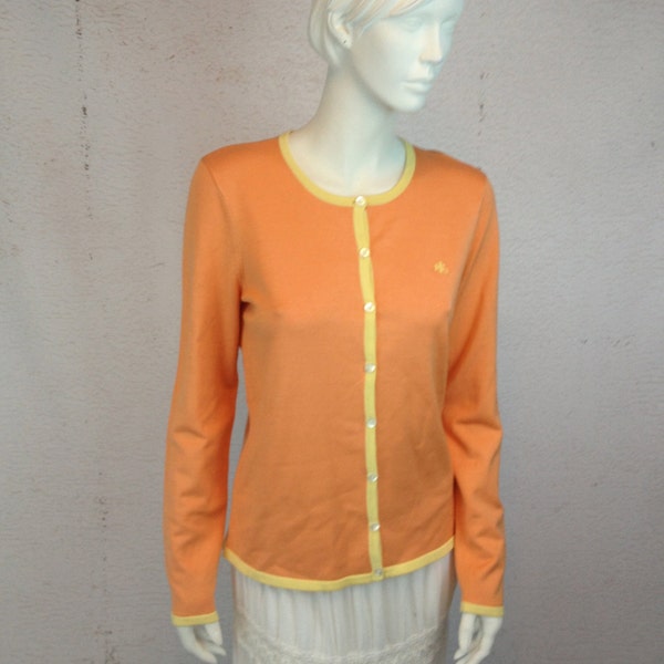Melon Ralph Lauren Silk Knit Cardigan Ladies Large Yellow Edging Beautiful Summer Lightweight Jumper Sweater Great Vintage Condition Preppy