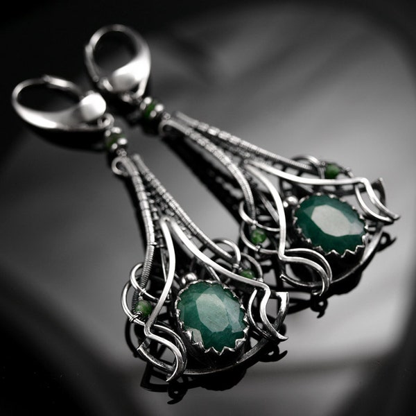 Alverie - precious sterling silver wire-wrapped earrings with emerald